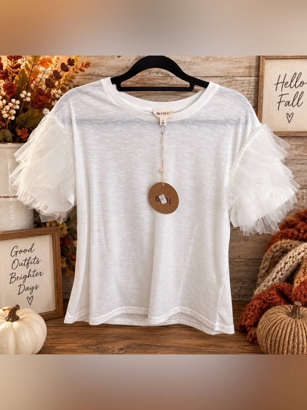 BiBi White Short Sleeve Tee with Ruffle Tulle Sleeves
